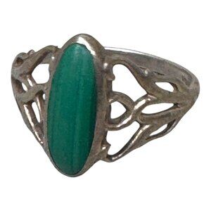Vintage Malachite Oval Interlocking Hearts Sterling Silver Ring Abstract Sz 6.5